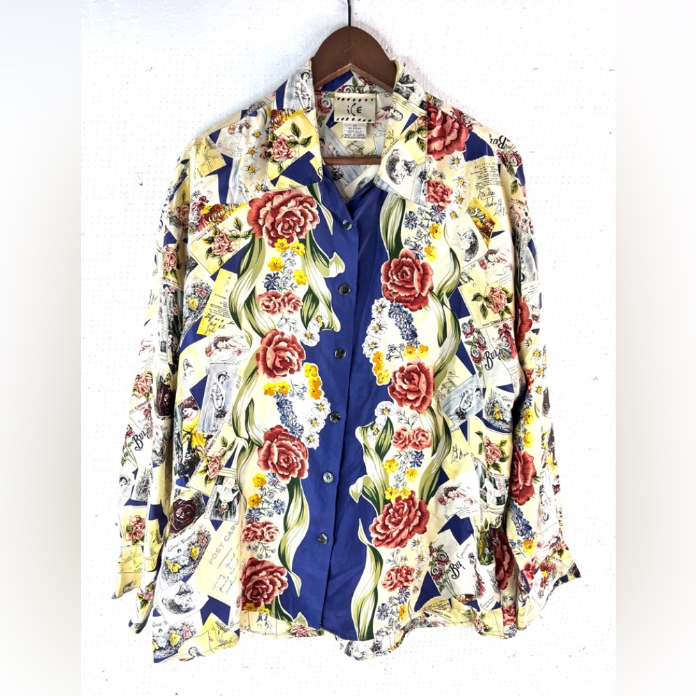 ICE M Silk Rose Ephemera Romantic Feminine Multicolor Floral Button Up Blouse